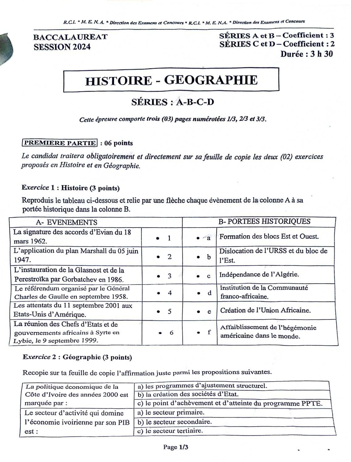 EPREUVE BAC 2024 HISTOIRE GEOGRAPHIE SERIE ABCD